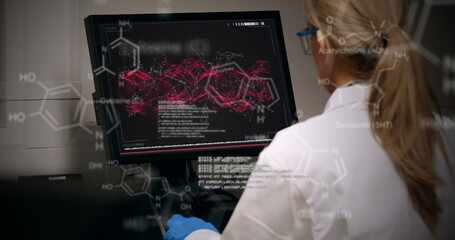 Poster - Image of data processing over caucasian female doctor using computer