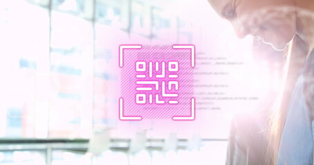 Poster - Image of data processing and qr code over caucasian woman using smartphone