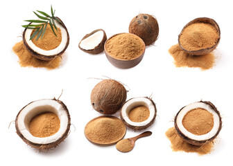 Wall Mural - Coconut fruits and brown sugar isolated on white, set