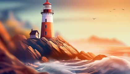 Wall Mural - A lighthouse standing tall on a rocky cliff, illuminated by the golden hues of the setting s