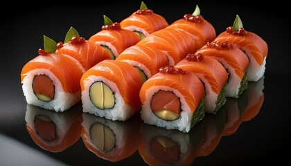 Wall Mural - An elegant arrangement of assorted sushi pieces, including tuna, salmon, and avocado rolls,
