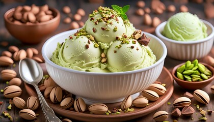 Wall Mural - An elegant white bowl of pistachio ice cream, topped with whole pistachios and a chocolate