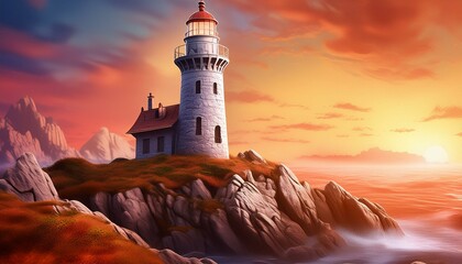 Wall Mural -  An old stone lighthouse on a cliff, bathed in the last light of the day, with the sky awash