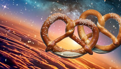 Wall Mural -  Massive pretzels hovering in a cosmic scene with sparkling stars and a green and yellow nebula