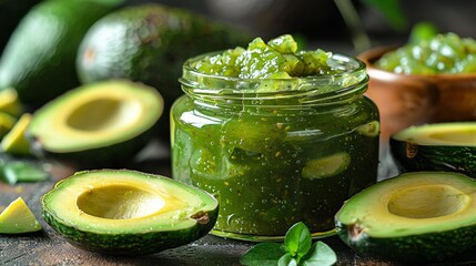 Avocado Jam Jar Surrounded by Fresh Avocados. A Healthy and Delicious Treat
