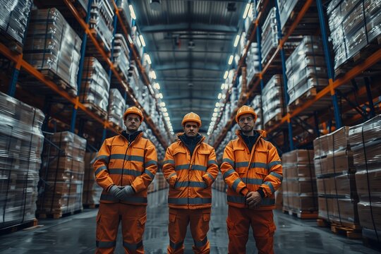 Warehouse employees in reflective clothing at modern factory