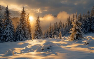 Wall Mural - Snowy Pine Forest Sunset In The Carpathian Mountains