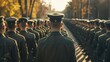 © furyon - rear view of uniformed students in military formation on university grounds crisp lines and synchronized postures conveying discipline and unity blend of academic and military aesthetics