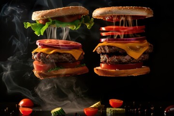 Wall Mural - delicious juicy smoky burger ingredients floating in air appetizing food photography