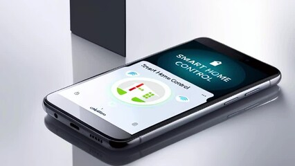 A black smartphone is sitting on a reflective surface. The screen is on and displaying an app called 
