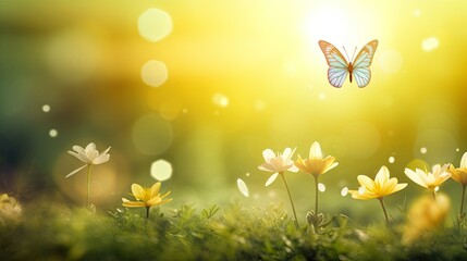 Beautiful spring meadow background with a butterfly flying in the sunlight