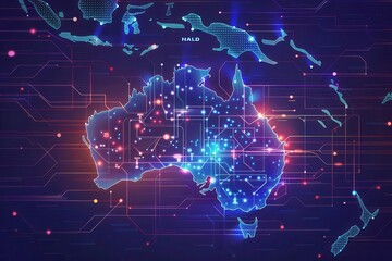 Wall Mural - digital map of australia with global network connections data transfer and cyber technology concept illustration