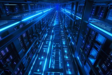 Poster - Futuristic server room with glowing blue lights, concept of data center, cloud computing, and technology