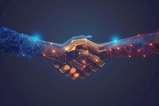digital handshake with connected dots and triangles business partnership