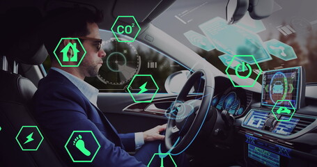 Poster - Image of icons and data processing over caucasian man sitting in car