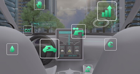 Poster - Image of icons and data processing over car interior