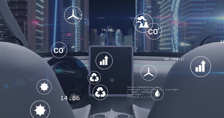 Poster - Image of icons and data processing over car interior