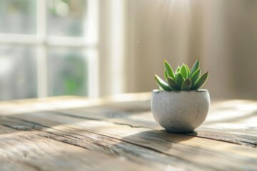 Wall Mural - succulent in minimalist white ceramic planter atop rustic wooden table soft natural light clean scandinavian aesthetic calm atmosphere