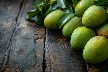 green mangoes on wooden background