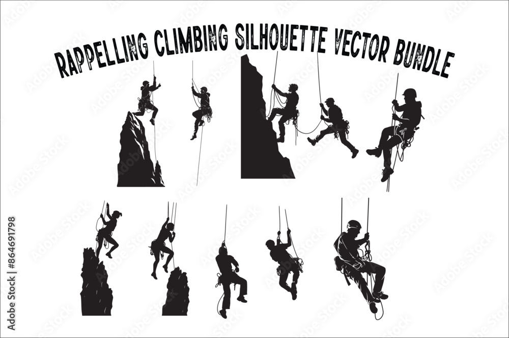 Rappelling Team Vector Alpinist Climber Vector Silhouette Bundle on a white background ...