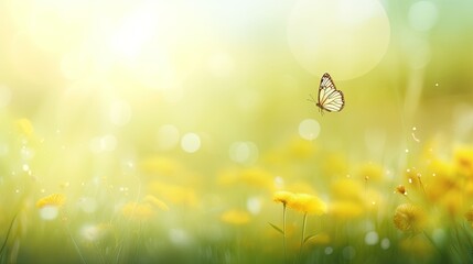 Beautiful spring meadow background with a butterfly flying in the sunlight