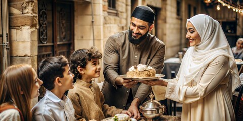 Family sharing traditional meal outdoors