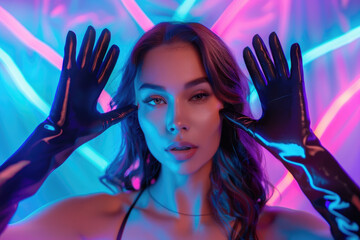 Wall Mural - A beautiful woman with black gloves is posing for the camera, illuminated by neon lights.