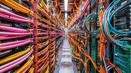 Poster - Colorful Server Room with Network Cables and Data Center Equipment. Concept of Technology, Cloud Computing, Big Data, and Internet.