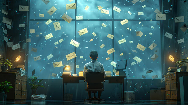 Illustration of a man sitting at his desk and mail envelopes falling on his desk, overwork, work deadline stress