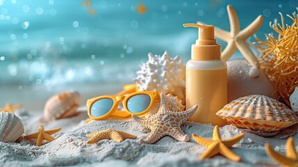 Wall Mural - baby sunscreen lotion bottle sand molds sunglasses on sand color background.illustration