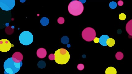 Wall Mural - Animation glow yellow pink blue bokeh particles animation flowing on black abstract background for screen project overly. 