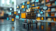 © GraysonStock - Online shopping, a shopping cart with electronic product symbols above it.