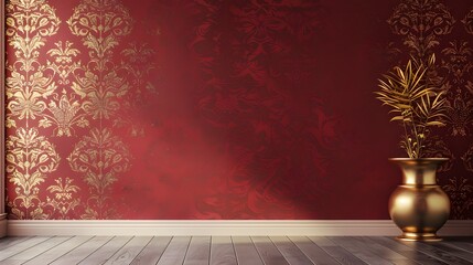 Wall Mural - HD realistic wall design with a classic Baroque pattern in gold on a rich burgundy background, evoking a sense of grandeur and sophistication.