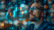 © GraysonStock - a businessman looking at charts and statistics on a futuristic screen, trading and investment concept