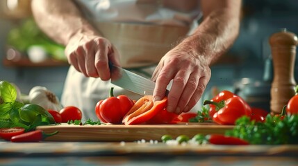 Close-up of a Chef's Hand Slicing Red Bell Peppers