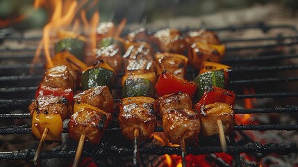 Wall Mural - Close-up of delicious grilled chicken and vegetable skewers cooking over a flaming barbecue, showcasing vibrant colors and textures.