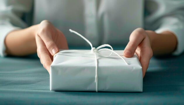 Close-up of Hands Holding a White Gift Box