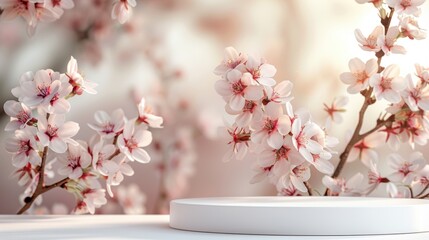 Wall Mural - Delicate pink cherry blossoms in full bloom, illuminated by soft light, creating a serene and picturesque spring scene.