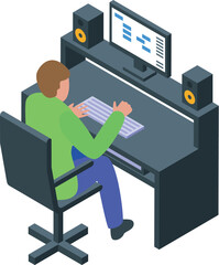 Poster - Sound engineer is sitting in front of his computer, composing a new song