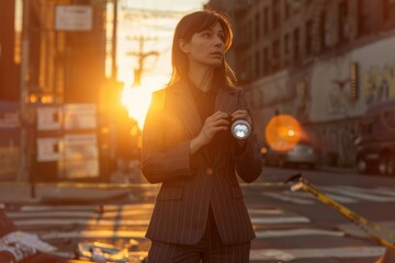 a female detective engaged in investigative activities, using tools like magnifying glasses and examining documents in a city environment. creating a mysterious and thrilling mood.