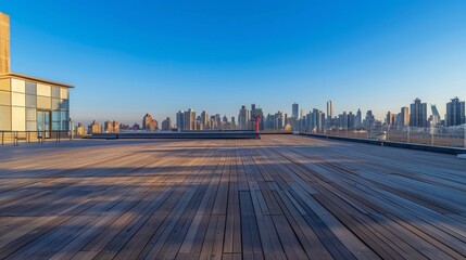 Empty square floor with city skyline background, Cityscape with urban harmony, symbiotic relationship between nature and civilization fostering balance in the urban panorama