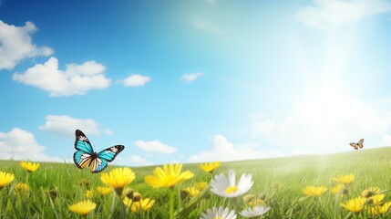 Beautiful spring meadow background with a butterfly flying in the sunlight