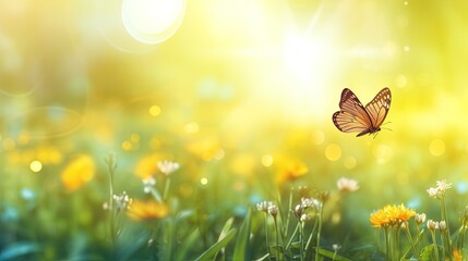 Beautiful spring meadow background with a butterfly flying in the sunlight