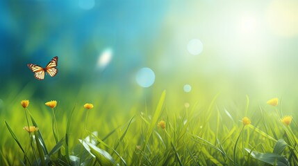 Beautiful spring meadow background with a butterfly flying in the sunlight