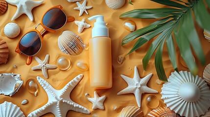 Wall Mural - tube of sunscreen cream children s sunglasses and beach toys on beige table kids sun protection concept flat lay top view.stock image