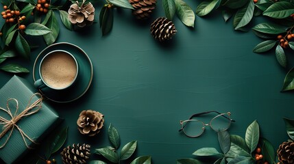 Wall Mural - flatlay composition with tie gift box coffee cup glasses on dark green background happy fathers day concept.image