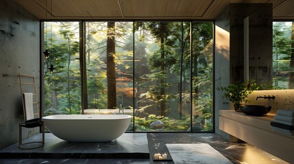 Wall Mural - Luxurious bathroom with ceiling-high aluminum glass windows next to a freestanding tub, offering a secluded forest view for a serene spa-like atmosphere.