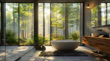 Wall Mural - Luxurious bathroom with ceiling-high aluminum glass windows next to a freestanding tub, offering a secluded forest view for a serene spa-like atmosphere.