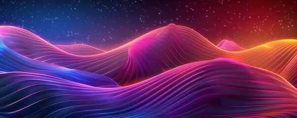 Wall Mural - Abstract landscape with glowing neon waves and particles in vibrant colors.  Concept of technology, future, and imagination.