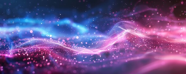Abstract cosmic background with pink and blue waves and sparkling particles. Abstract space nebula with stardust. Concept of galaxy, universe, starry night sky.